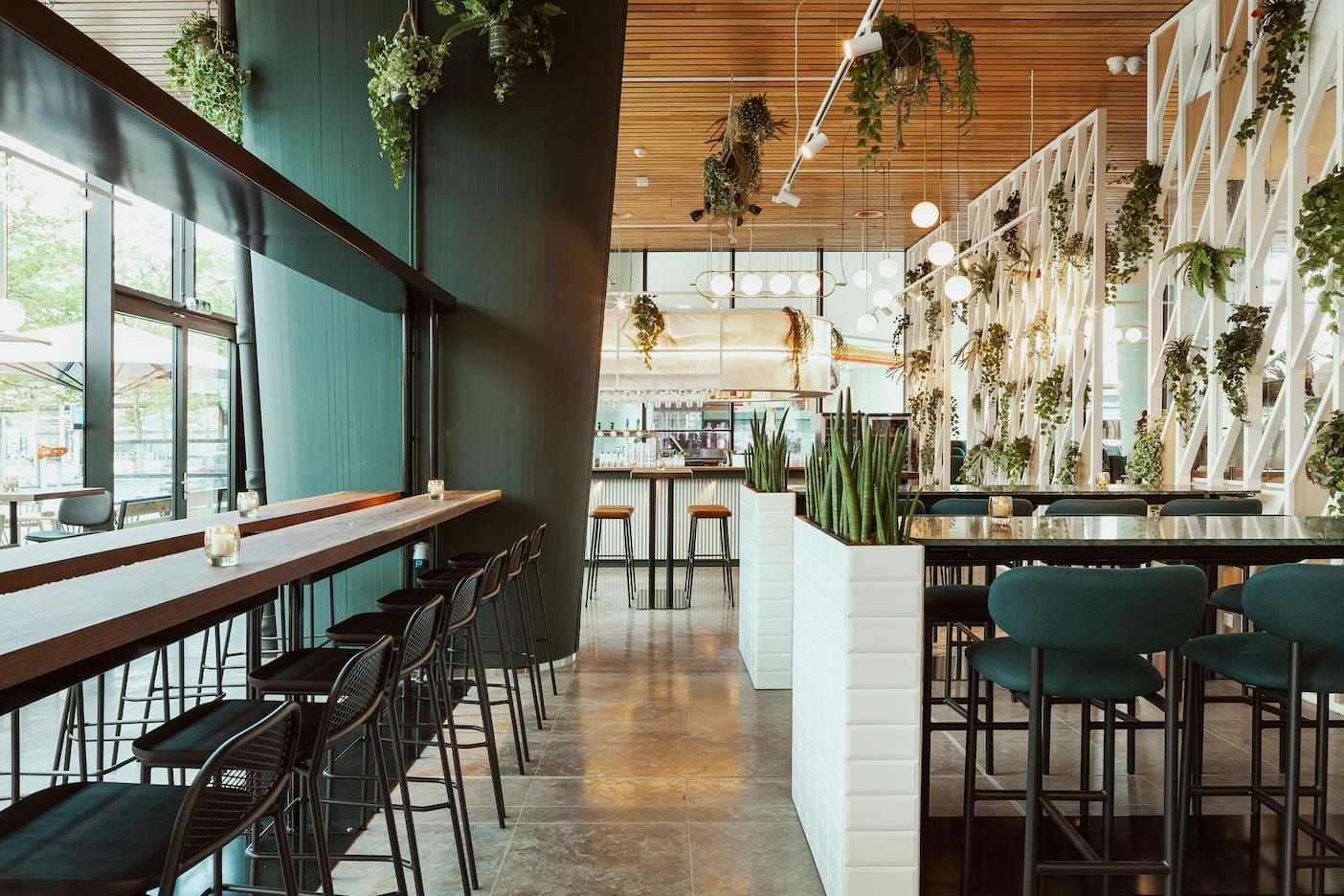 Green wall, long wooden counter and white planters with plants at Fontein